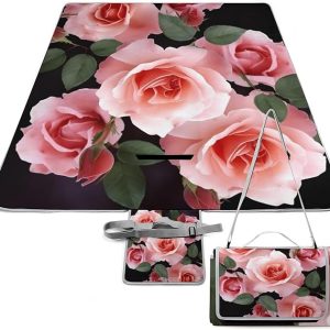 Outdoor Picnic Blanket Blossoming Rose Flowers Beach Blanket 58.3x58.3 Inches Waterproof Picnic Mat Foldable Camping Blanket Portable Travel Blanket for Camping, Park, Grass
