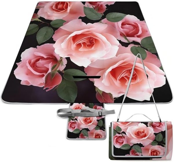 Outdoor Picnic Blanket Blossoming Rose Flowers Beach Blanket 58.3x58.3 Inches Waterproof Picnic Mat Foldable Camping Blanket Portable Travel Blanket for Camping, Park, Grass