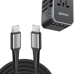 USB C Charger Cable (3.3ft, 60W/3A), USB C to USB C Fast Charging Nylon Cable (1 Pack) & TA-105 Universal Travel Adapter (1 Pack)