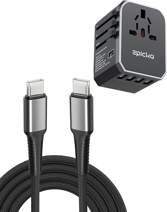 USB C Charger Cable (3.3ft, 60W/3A), USB C to USB C Fast Charging Nylon Cable (1 Pack) & TA-105 Universal Travel Adapter (1 Pack)