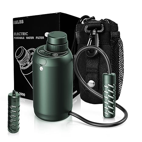 Green Color BK2000 Extra Pre-Filter Version Electric Portable Camping Water Filter Dual 0.01 Micron Water Filtration System for Outdoor Backpacking, Survival, Emergency